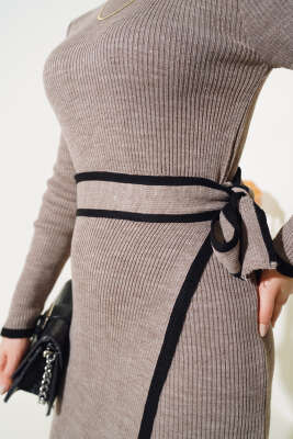 Etek Bağlamalı Triko Elbise Vizon - Thumbnail