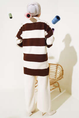 Kalın Çizgili Gömlek Yaka Triko İkili Takım Taş - Thumbnail