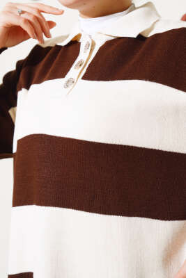 Kalın Çizgili Gömlek Yaka Triko İkili Takım Taş - Thumbnail