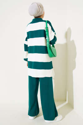 Kalın Çizgili Gömlek Yaka Triko İkili Takım Nefti - Thumbnail