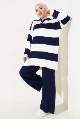 Kalın Çizgili Gömlek Yaka Triko İkili Takım Lacivert - Thumbnail