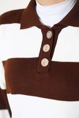 Kalın Çizgili Gömlek Yaka Triko İkili Takım Kahve - Thumbnail