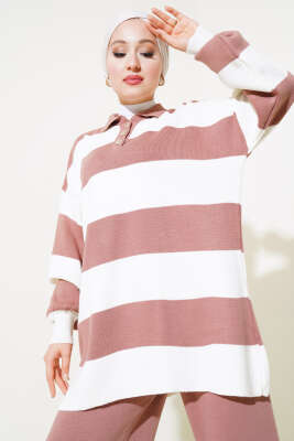 Kalın Çizgili Gömlek Yaka Triko İkili Takım Gül Kurusu - Thumbnail