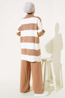 Kalın Çizgili Gömlek Yaka Triko İkili Takım Büsküvi - Thumbnail