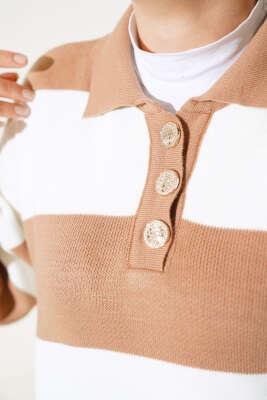 Kalın Çizgili Gömlek Yaka Triko İkili Takım Büsküvi - Thumbnail