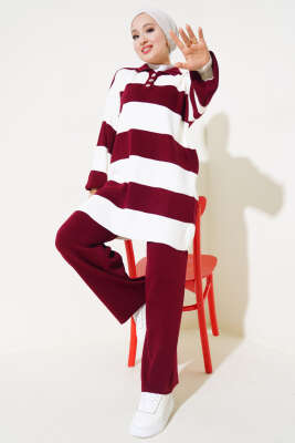 Kalın Çizgili Gömlek Yaka Triko İkili Takım Bordo - Thumbnail