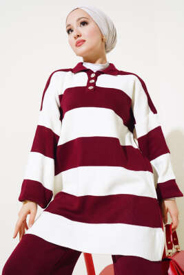 Kalın Çizgili Gömlek Yaka Triko İkili Takım Bordo - Thumbnail