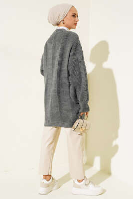 Önden Düğmeli Örgü Hırka Füme - Thumbnail