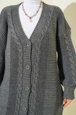 Önden Düğmeli Örgü Hırka Füme - Thumbnail