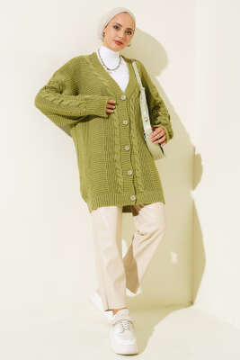 Önden Düğmeli Örgü Hırka Çağla Yeşili - Thumbnail