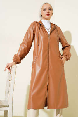 Pazarium - Fermuarlı Kapüşonlu Deri Kap Camel