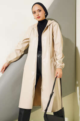 Fermuarlı Kapüşonlu Deri Kap Bej - Thumbnail