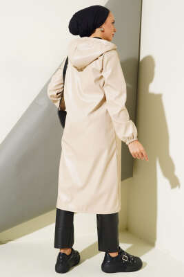 Fermuarlı Kapüşonlu Deri Kap Bej - Thumbnail