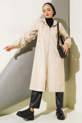 Fermuarlı Kapüşonlu Deri Kap Bej - Thumbnail