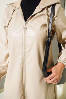 Fermuarlı Kapüşonlu Deri Kap Bej - Thumbnail