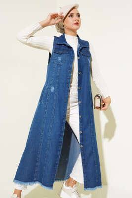 Pazarium - Boydan Düğmeli Uzun Kot Yelek Lacivert