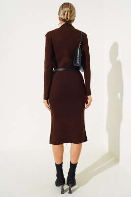 Fitilli Yarım Boğazlı Triko Midi Elbise Kahve - Thumbnail