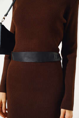 Fitilli Yarım Boğazlı Triko Midi Elbise Kahve - Thumbnail