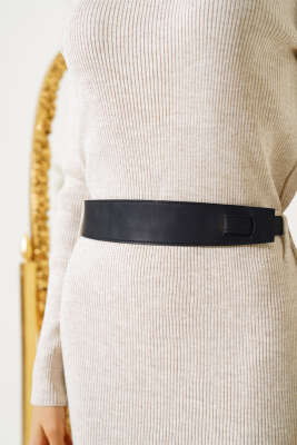 Fitilli Yarım Boğazlı Triko Midi Elbise Bej - Thumbnail