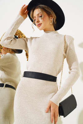 Fitilli Yarım Boğazlı Triko Midi Elbise Bej - Thumbnail