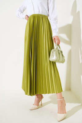 Pliseli Deri Görünümlü Etek Yağ Yeşili - Thumbnail