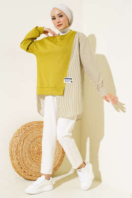 Armalı Çizgi Garnili Tunik Yağ Yeşili - Thumbnail