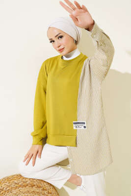 Armalı Çizgi Garnili Tunik Yağ Yeşili - Thumbnail