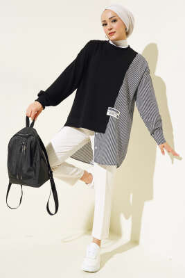Armalı Çizgi Garnili Tunik Siyah - Thumbnail