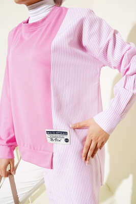 Armalı Çizgi Garnili Tunik Pembe - Thumbnail