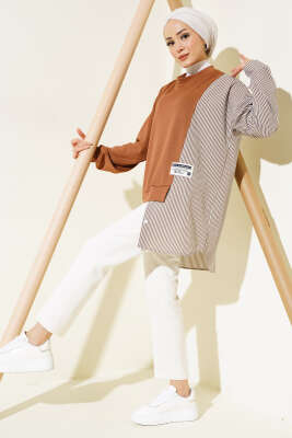 Armalı Çizgi Garnili Tunik Kahve - Thumbnail