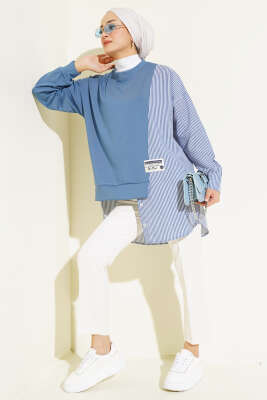 Armalı Çizgi Garnili Tunik İndigo - Thumbnail