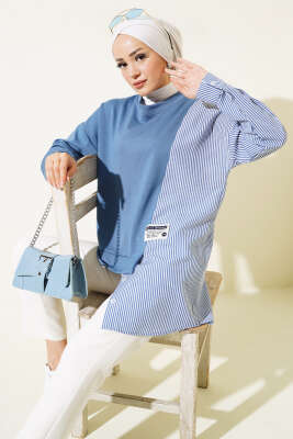 Armalı Çizgi Garnili Tunik İndigo - Thumbnail