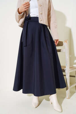 Bel Bağlamalı Çan Etek Lacivert - Thumbnail