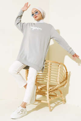 	 Loyşa Önü Baskılı Tunik Gri - Thumbnail