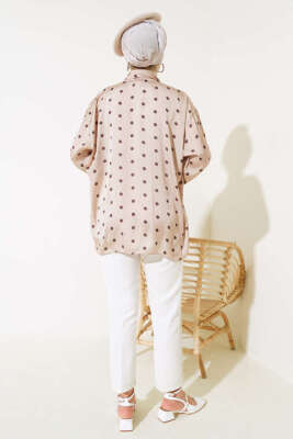 Puantiye Desen Saten Gömlek Vizon - Thumbnail