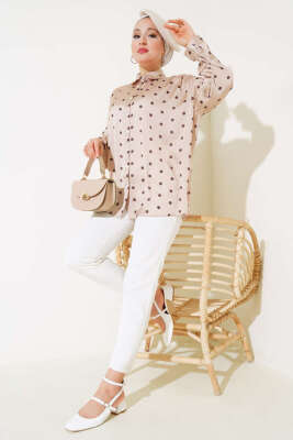 Puantiye Desen Saten Gömlek Vizon - Thumbnail