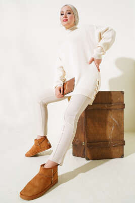 Yan Yırtmaçlı Düğmeli Triko Tunik Taş - Thumbnail