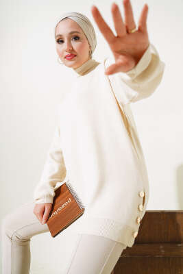 Yan Yırtmaçlı Düğmeli Triko Tunik Taş - Thumbnail