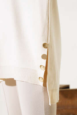 Yan Yırtmaçlı Düğmeli Triko Tunik Taş - Thumbnail