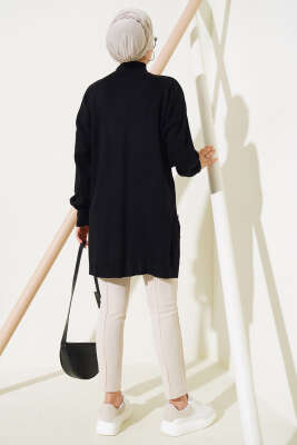 Yan Yırtmaçlı Düğmeli Triko Tunik Siyah - Thumbnail