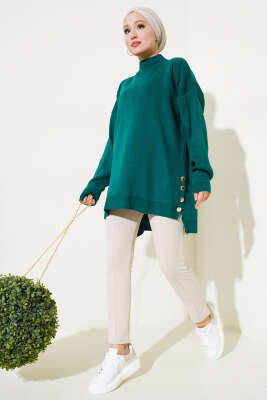 Yan Yırtmaçlı Düğmeli Triko Tunik Nefti - Thumbnail