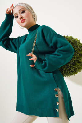 Yan Yırtmaçlı Düğmeli Triko Tunik Nefti - Thumbnail