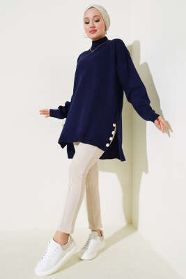Yan Yırtmaçlı Düğmeli Triko Tunik Lacivert - Thumbnail