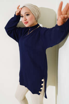 Yan Yırtmaçlı Düğmeli Triko Tunik Lacivert - Thumbnail