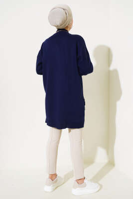 Yan Yırtmaçlı Düğmeli Triko Tunik Lacivert - Thumbnail