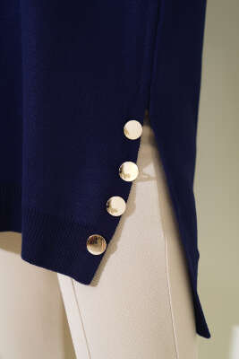 Yan Yırtmaçlı Düğmeli Triko Tunik Lacivert - Thumbnail