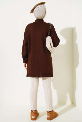 Yan Yırtmaçlı Düğmeli Triko Tunik Kahve - Thumbnail