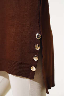 Yan Yırtmaçlı Düğmeli Triko Tunik Kahve - Thumbnail