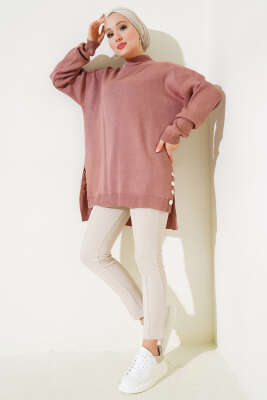 Yan Yırtmaçlı Düğmeli Triko Tunik Gül Kurusu - Thumbnail