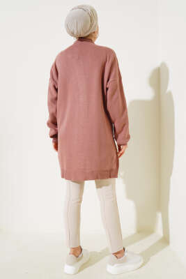 Yan Yırtmaçlı Düğmeli Triko Tunik Gül Kurusu - Thumbnail